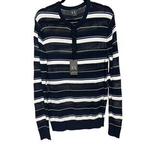 Armani Exchange Vintage Navy and White Open Weave Knit Striped Sweater
